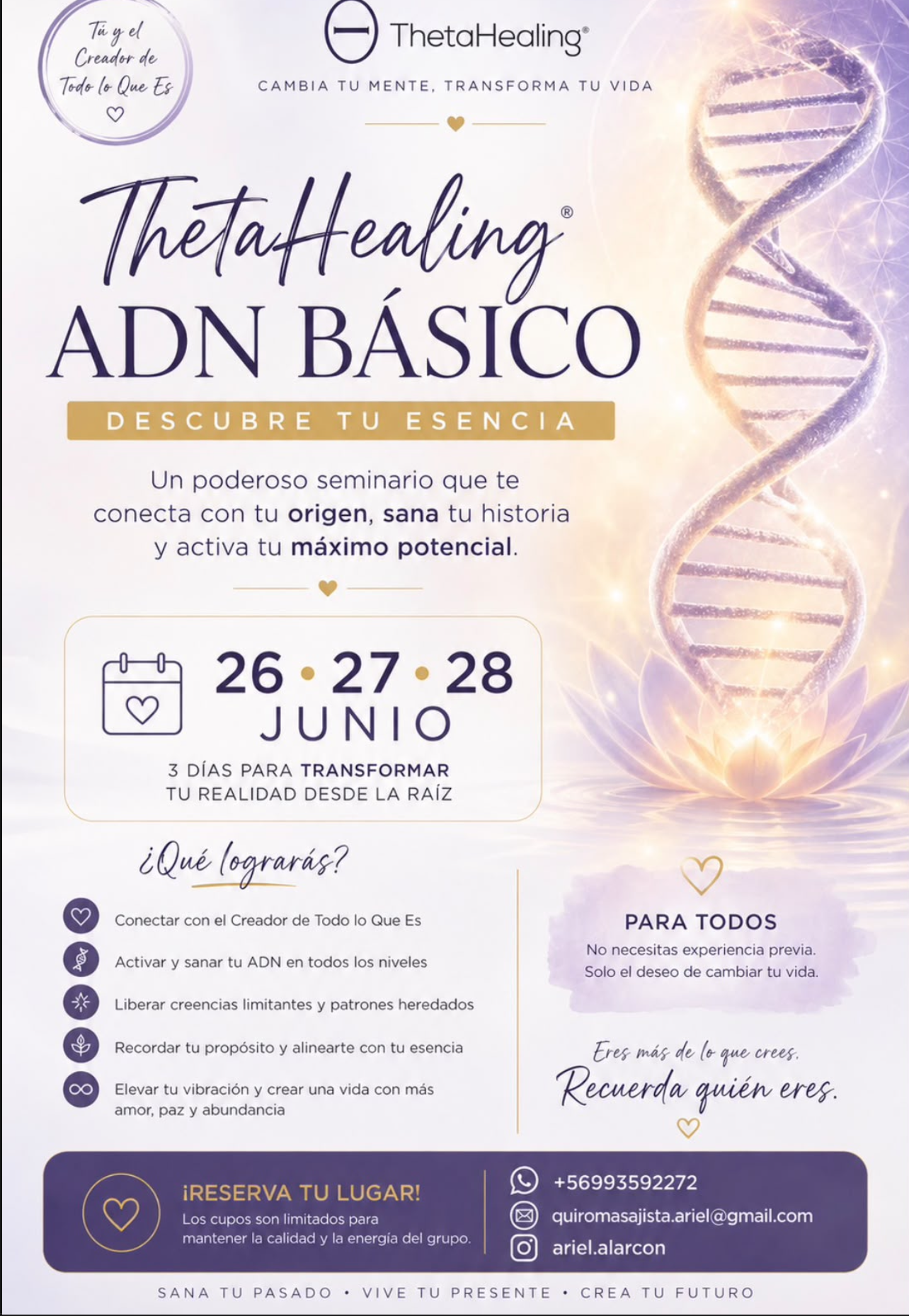 Afiche ThetaHealing ADN Básico — Descubre tu Esencia — 26, 27 y 28 de Junio